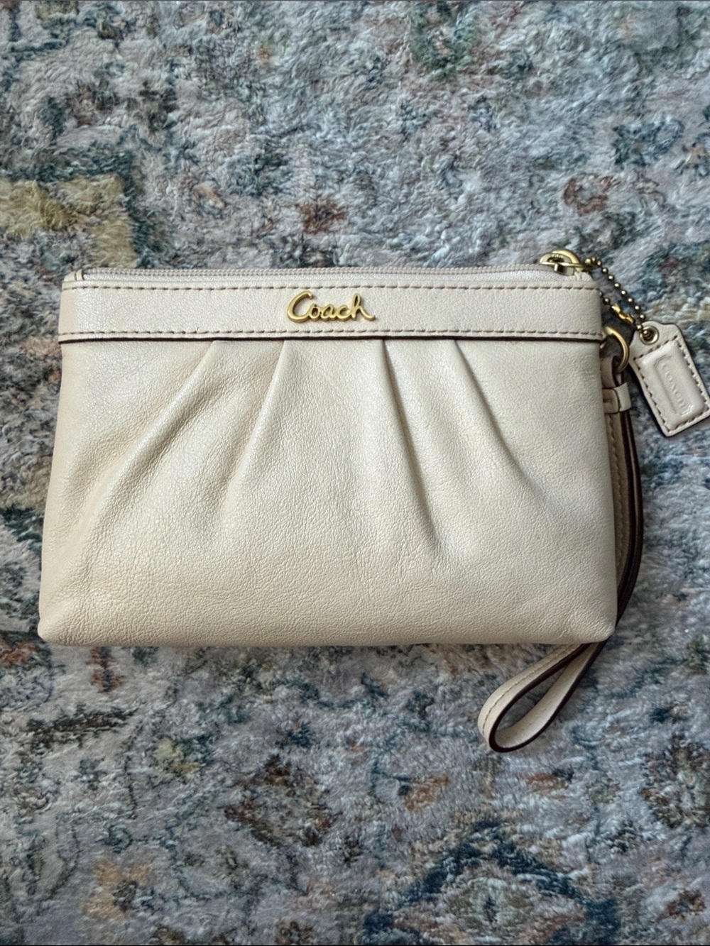 Coach Cream Pebbled Leather Wristlet with Gold Hardware